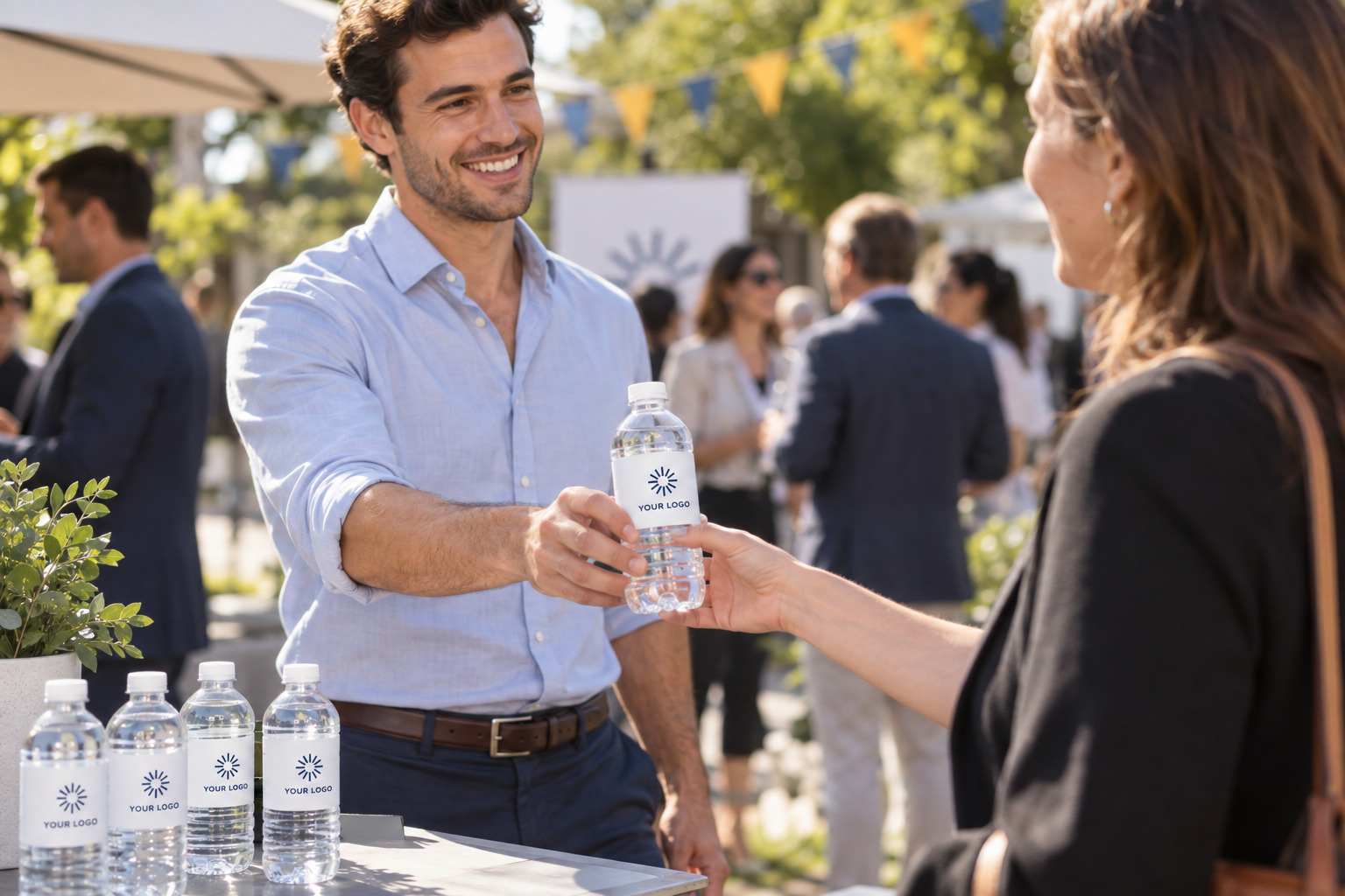A smiling business host handing a guest a water bottle with your logo at an outdoor event