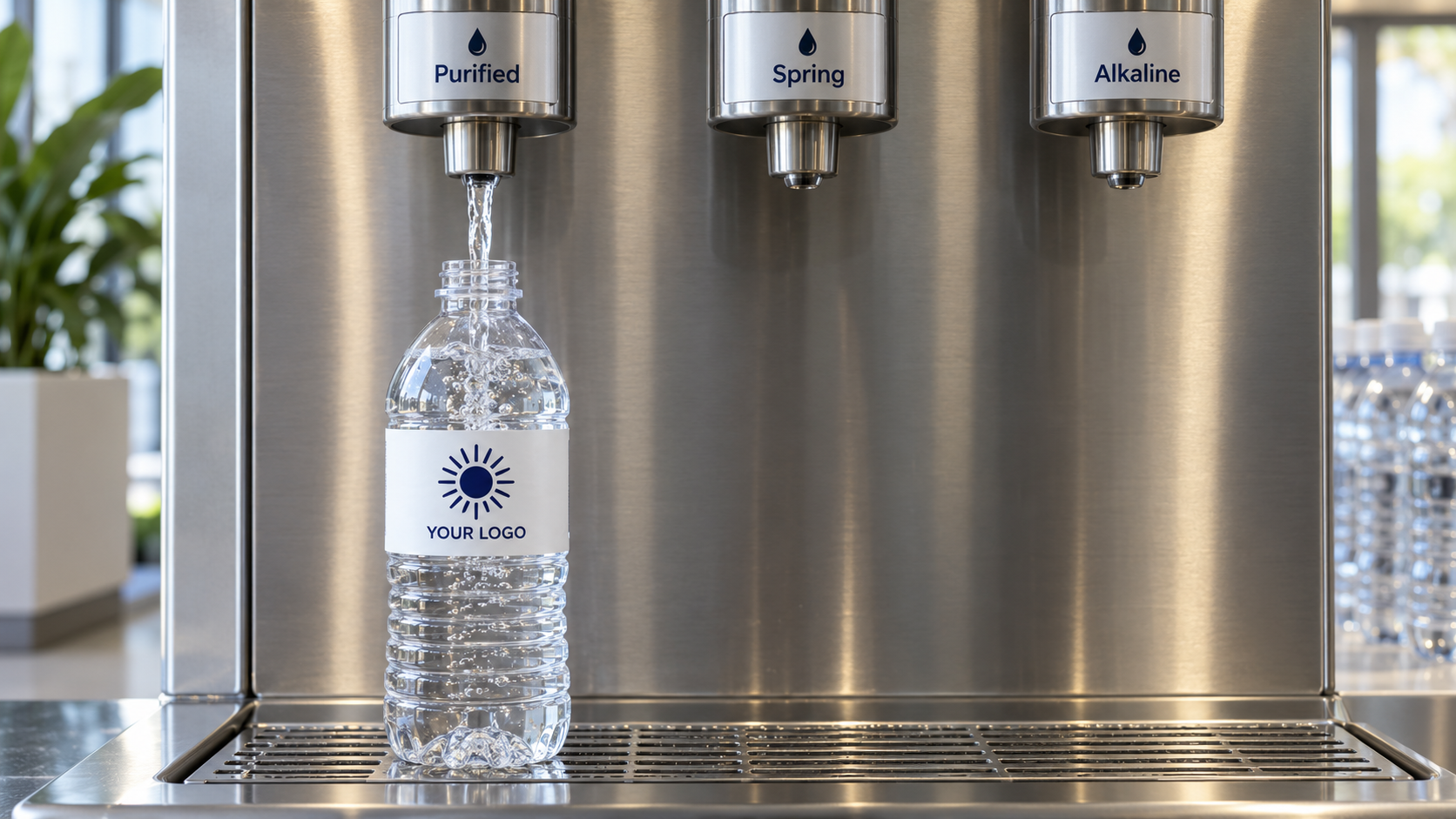 A custom-labeled bottle being filled at a dispenser with purified, spring, and alkaline water choices
